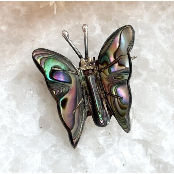 Butterfly Shaped Mexican Made Abalone Shell Inlay Vintage Sterling Silver Brooch - Picture 1 of 10